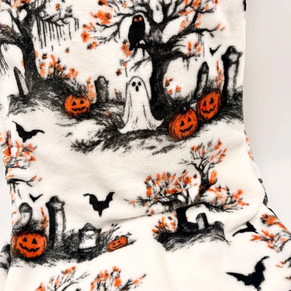 Halloween Collection Oversized Fleece Throw Blanket Graveyard Ghost 60x70 White
